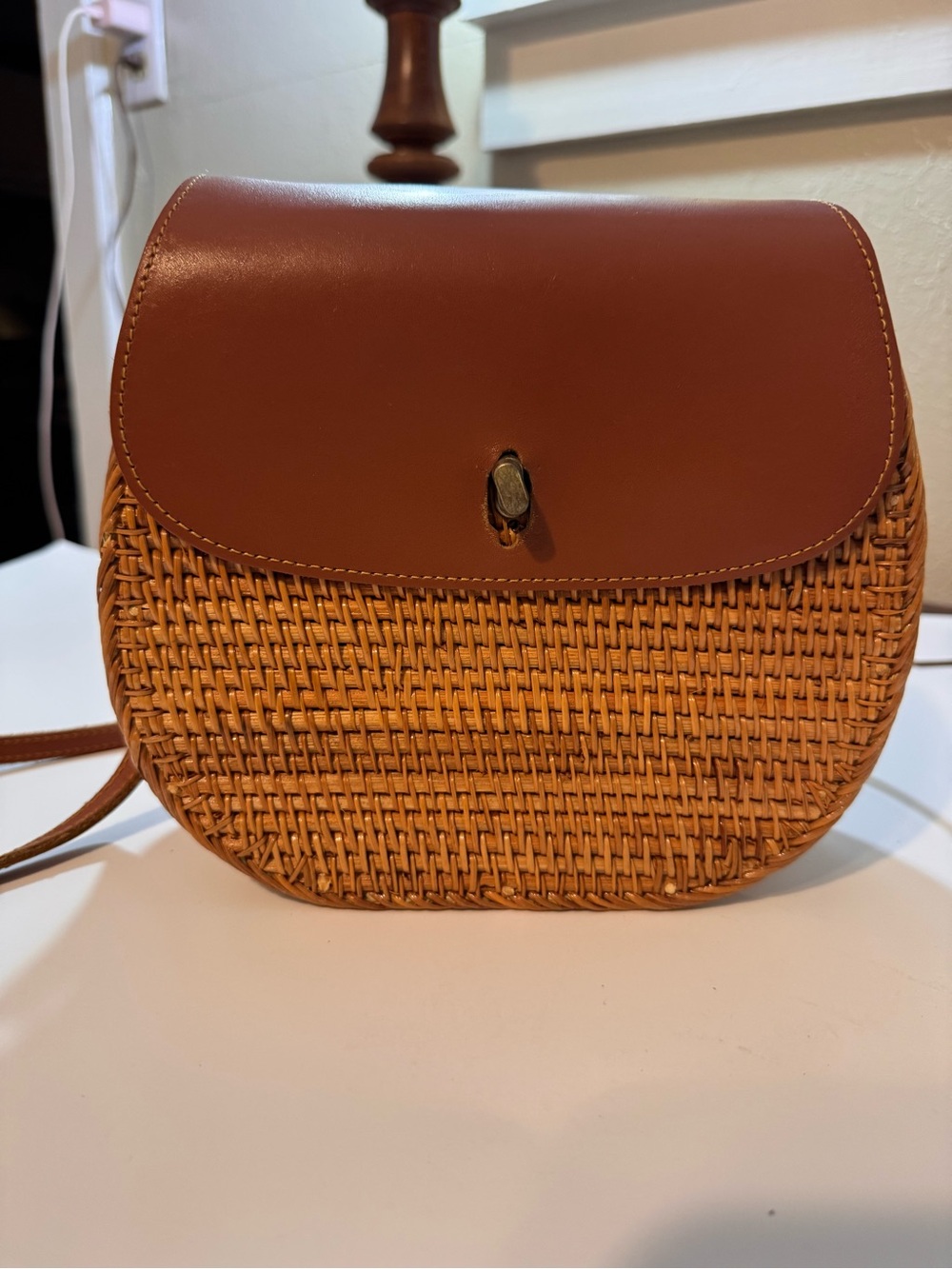 Woven Saddle Crossbody Bag with Brown Leather Flap